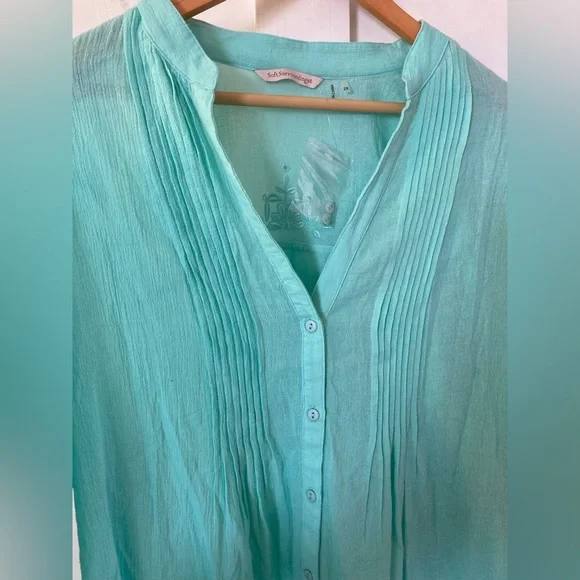 NWT soft surroundings 2X button down blouse roll tab sleeves aqua - Picture 6 of 10